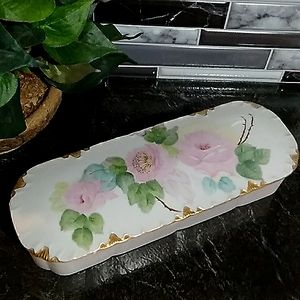 Vintage Long Shabby Chic Ceramic Rose Pattern Gold Gold Trimmed Storage Box